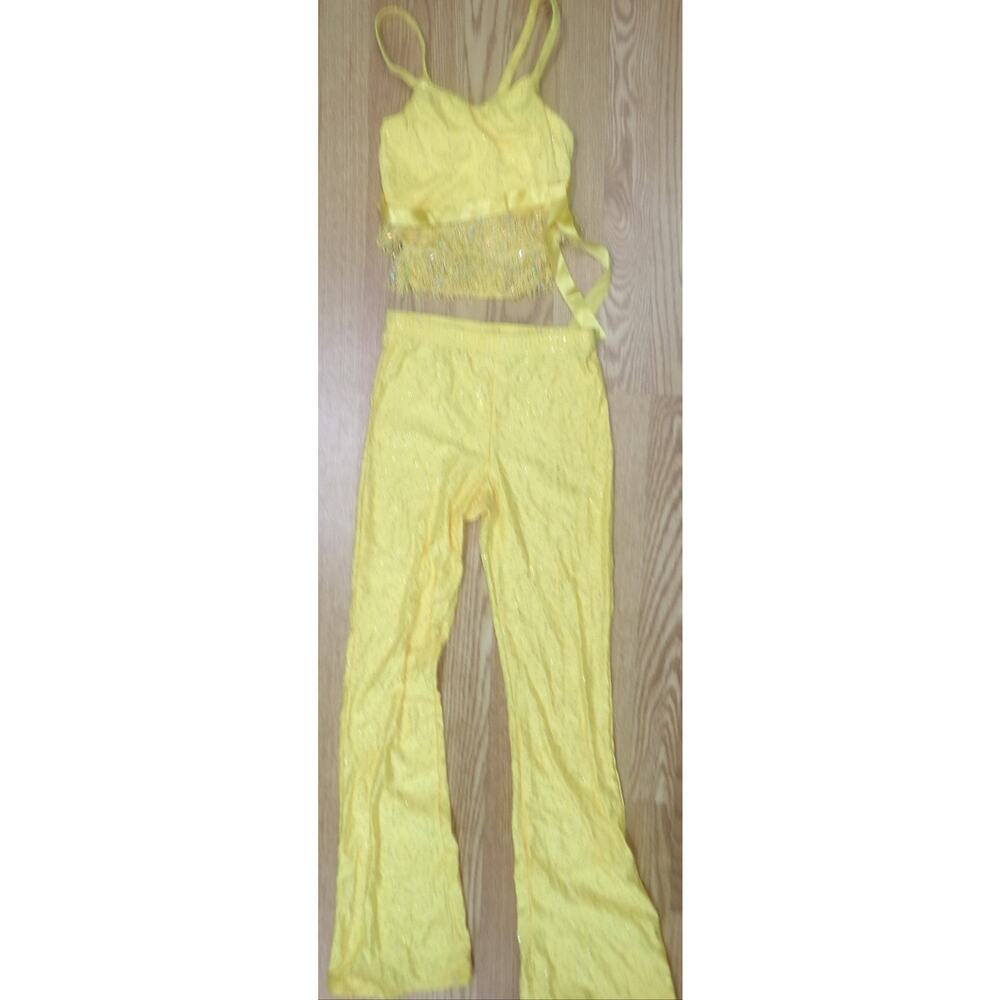 Dance Costume LC Yellow Kelle Jazz Tap Clogging Musical Theater Fringe Glitter